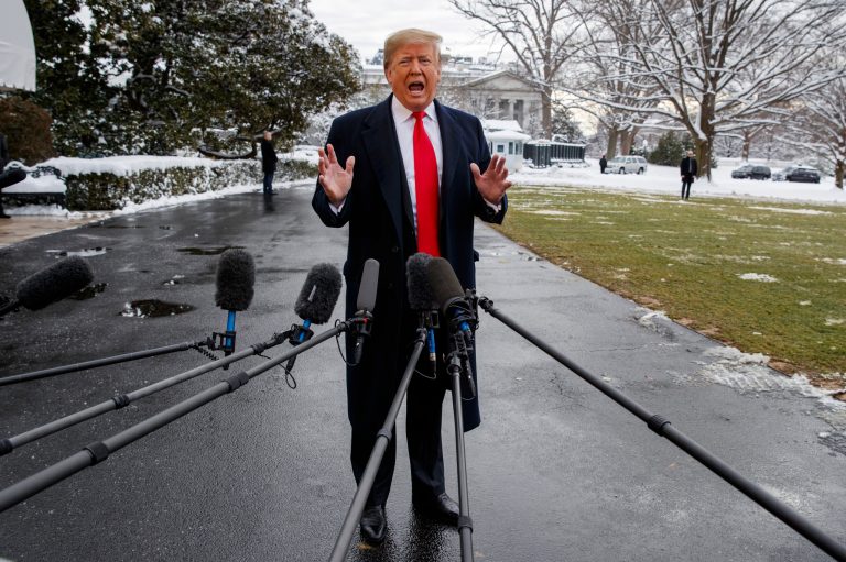President Donald Trump talks with reporters on the South Lawn of the White House before departing for the American Farm Bureau Federation's 100th Annual Convention in New Orleans, Monday, Jan. 14, 2019, in Washington.