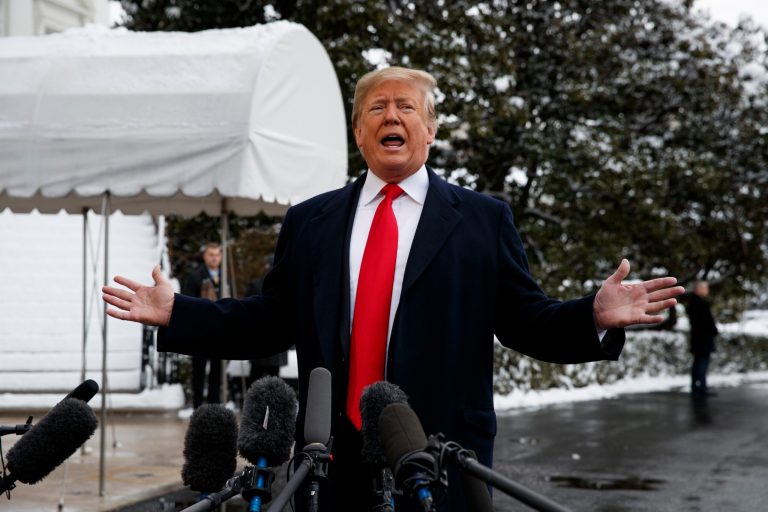 President Donald Trump talks with reporters on the South Lawn of the White House before departing for the American Farm Bureau Federation's 100th Annual Convention in New Orleans, Monday, Jan. 14, 2019, in Washington.