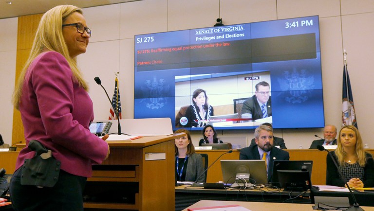 State Sen. Amanda Chase, R-Chesterfield, wears a sidearm as she presented SJR 275, her resolution reaffirming equal protection under the law.