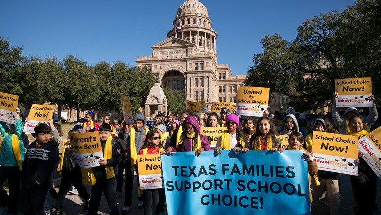 Students march at the Texas School Choice Rally at the Capitol in Austin.