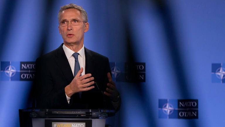 NATO Secretary General Jens Stoltenberg speaks during a media conference.