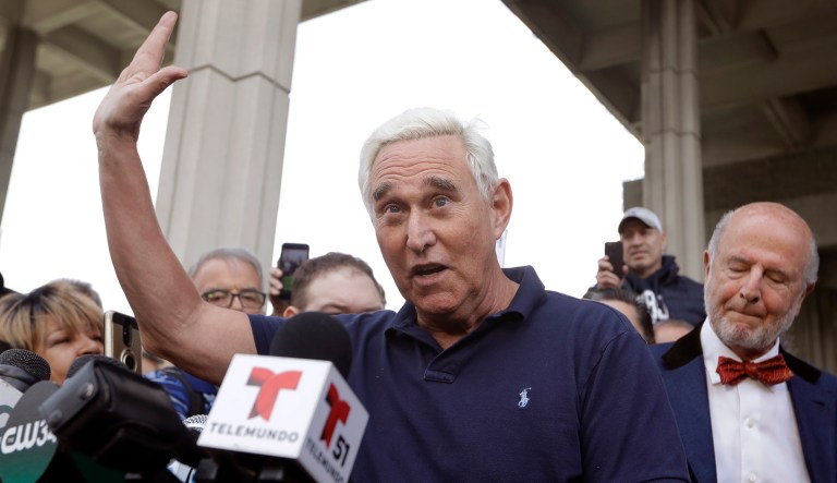Roger Stone, a confidant of President Trump, speaks outside of the federal courthouse following a hearing, Friday, Jan. 25, 2019, in Fort Lauderdale, Fla.