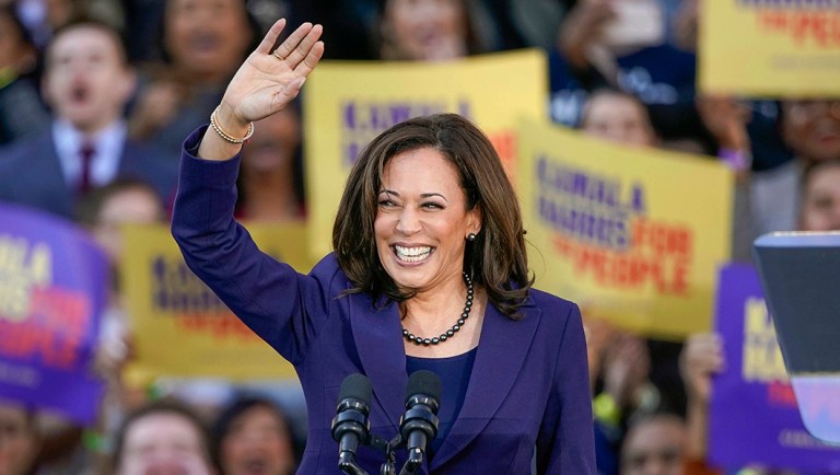 Democratic Sen. Kamala Harris, of California, waves to the crowd as she formally launches her presidential campaign.