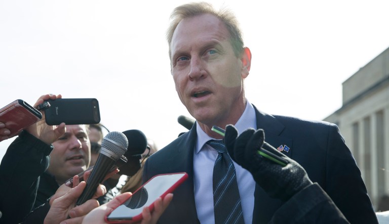 Acting Defense Secretary Patrick Shanahan speaks with the media as he waits for the arrival of NATO Secretary General Jens Stoltenberg at the Pentagon, Monday, Jan. 28, 2019, in Washington.