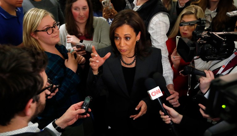 Sen. Kamala Harris, D-Calif., center, speaks to reporters at Drake University, Monday, Jan. 28, 2019, in Des Moines, Iowa. Harris formally announced on Sunday that she was seeking the Democratic presidential nomination.