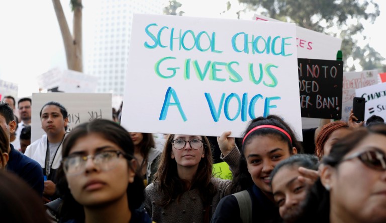 Demonstrators rally outside of the Los Angeles Unified School District headquarters on Jan. 29, 2019, in Los Angeles.