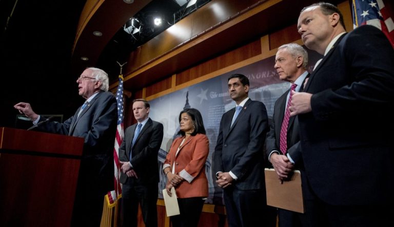 Sen. Bernie Sanders (I-VT) accompanied by Sen. Chris Murphy (D-CT), Rep. Pramila Jayapal (D-WA), Rep. Ro Khanna (D-CA), Rep. Ken Buck (R-CO), and Sen. Mike Lee (R-UT).