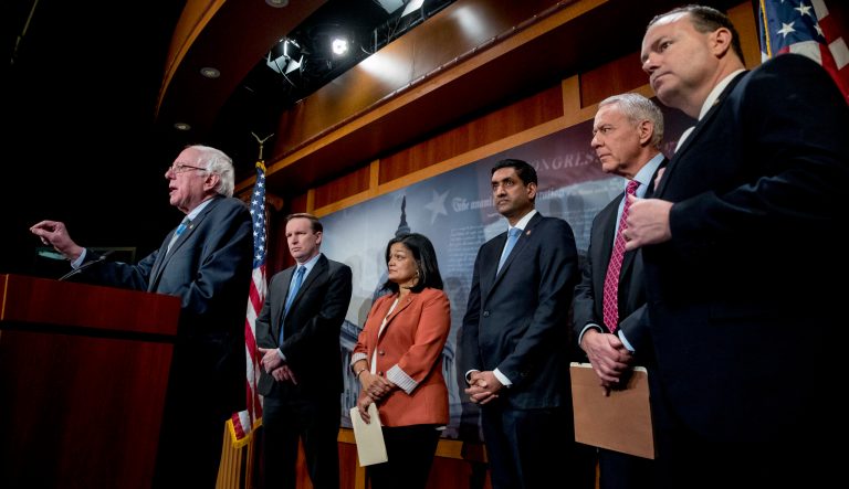 From left, Sen. Bernie Sanders, I-Vt., accompanied by Sen. Chris Murphy, D-Conn., Rep. Pramila Jayapal, D-Wash., Rep. Ro Khanna, D-Calif., Rep. Ken Buck, R-Colo., and Sen. Mike Lee, R-Utah, speaks at a news conference on Capitol Hill in Washington, Wednesday, Jan. 30, 2019, on a Yemen resolution. 