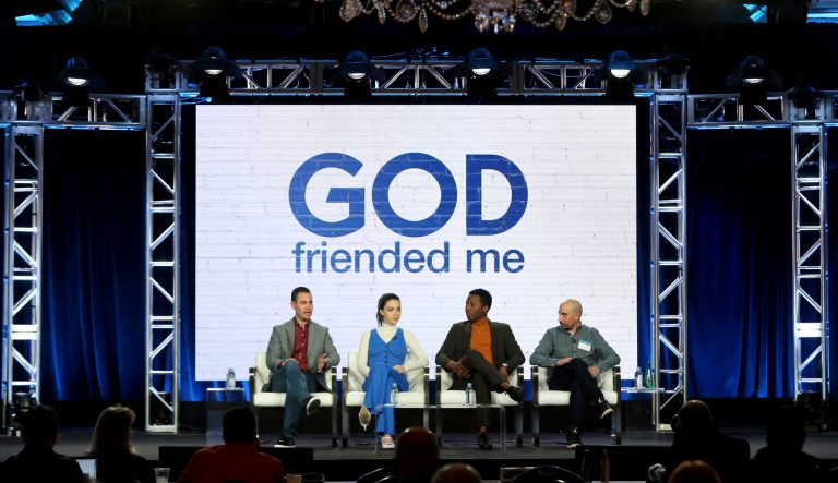 Steven Lilien, from left, Violett Beane, Brandon Micheal Hall and Bryan Wynbrandt participate in the "God Friended Me" show panel during the CBS presentation at the Television Critics Association Winter Press Tour at The Langham Huntington on Wednesday, Jan. 30, 2019, in Pasadena, Calif. 