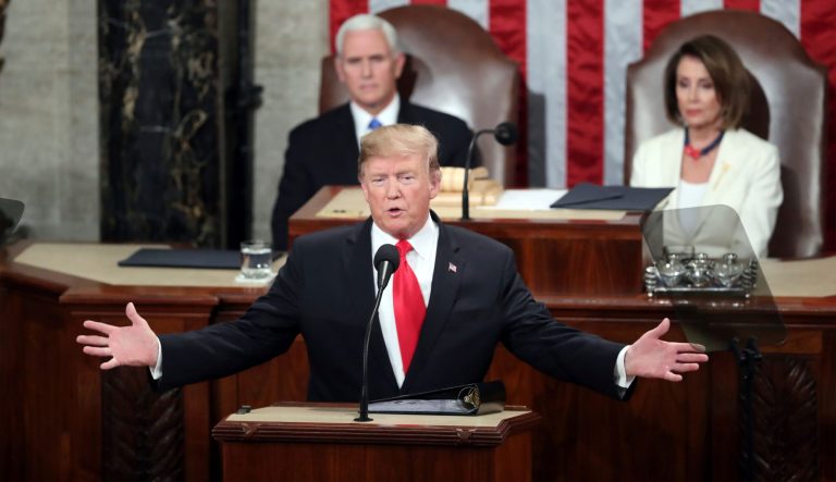 President Donald Trump delivers his State of the Union address to a joint session of Congress on Capitol Hill in Washington, as Vice President Mike Pence and Speaker of the House Nancy Pelosi, D-Calif., watch, Tuesday, Feb. 5, 2019. 