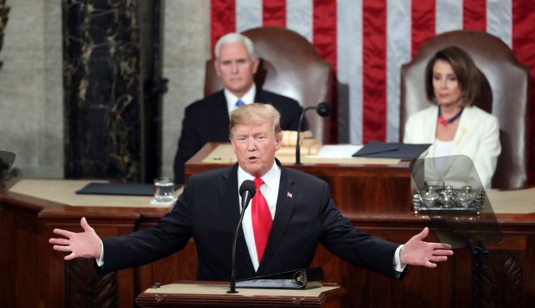 President Donald Trump delivers his State of the Union address to a joint session of Congress on Capitol Hill in Washington, as Vice President Mike Pence and Speaker of the House Nancy Pelosi, D-Calif., watch, Tuesday, Feb. 5, 2019.