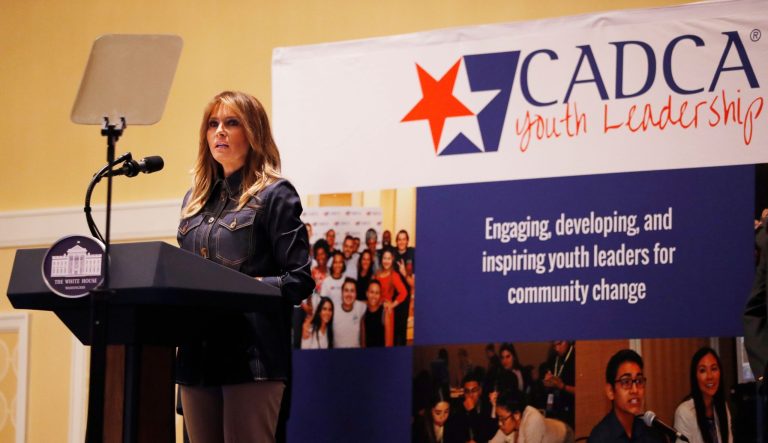 First lady Melania Trump speaks at the Community Anti-Drug Coalitions of America (CADCA) National Leadership Forum, in National Harbor, Md., Thursday, Feb. 7, 2019.