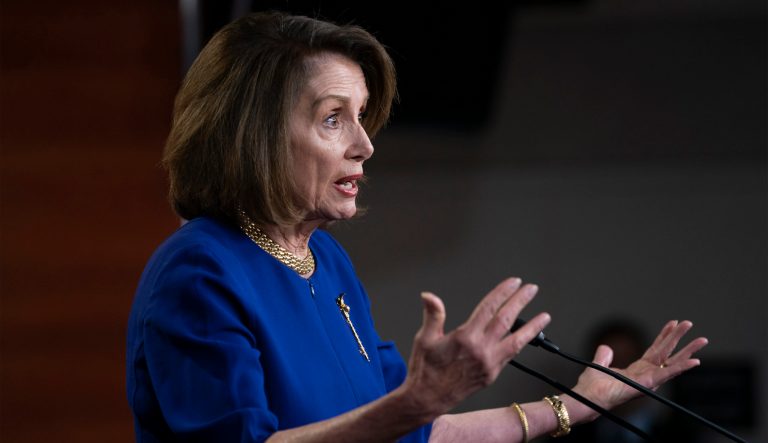Speaker of the House Nancy Pelosi, D-Calif., talks with reporters during her weekly news conference, on Capitol Hill in Washington, Thursday, Feb. 7, 2019. 