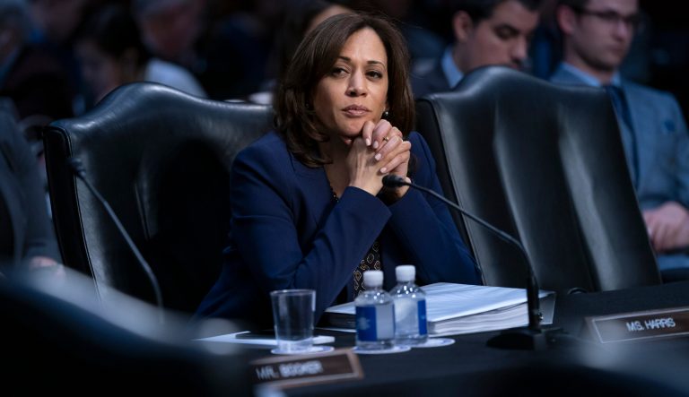 Senate Judiciary Committee member Sen. Kamala Harris, D-Calif., listens as senators make their arguments on advancing the nomination of Bill Barr to be attorney general, on Capitol Hill in Washington, Thursday, Feb. 7, 2019.