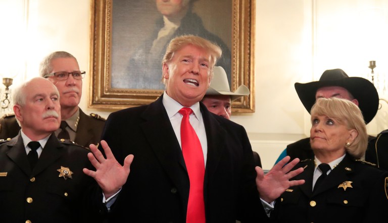 President Trump speaks during a meeting with a group of sheriffs from around the country before leaving the White House in Washington, Monday, Feb. 11, 2019, for a trip to El Paso, Texas.