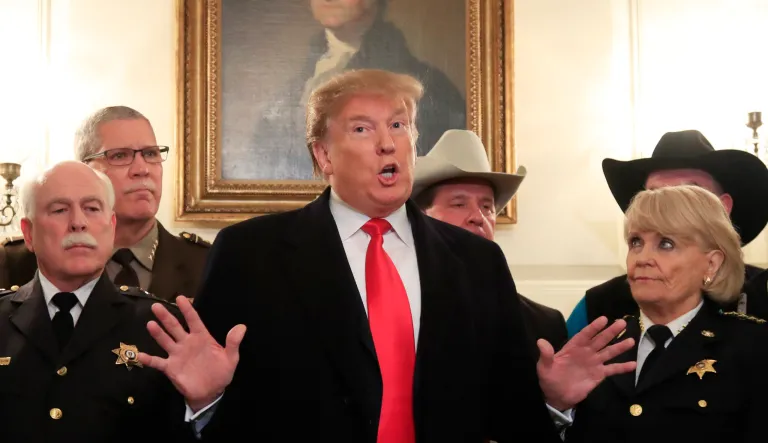 President Donald Trump speaks during a meeting with a group of sheriffs from around the country before leaving the White House in Washington, Monday, Feb. 11, 2019, for a trip to El Paso, Texas.
