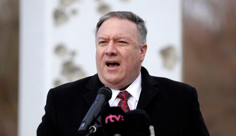 US Secretary of State Mike Pompeo delivers a speech at the Freedom Gate memorial in Bratislava, Slovakia, Tuesday, Feb. 12, 2019.