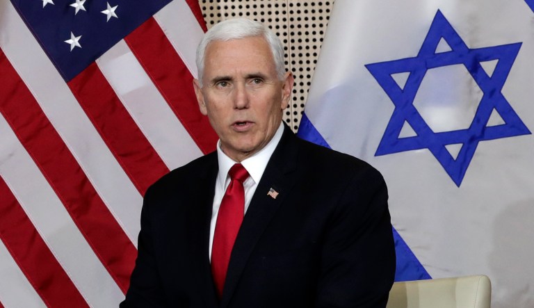 United States Vice President Mike Pence talks to the media during a bilateral meeting with Israeli Prime Minister Benjamin Netanyahu in Warsaw, Poland, Thursday, Feb. 14, 2019.