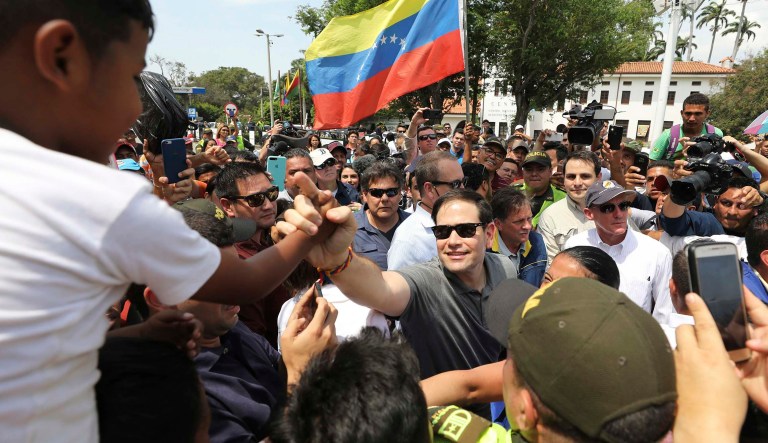 Sen. Marco Rubio, R-Fla., greets Venezuelan migrants near Colombia.