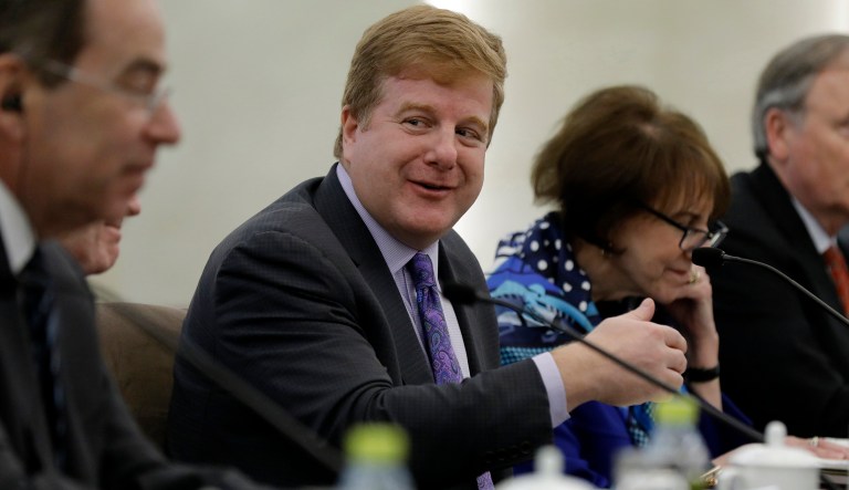 Myron Brilliant, center, executive vice president and head of International Affairs at the U.S. Chamber of Commerce speaks during a meeting with Chinese State Councilor and Foreign Minister Wang Yi (not pictured) at the Ministry of Foreign Affairs in Beijing Tuesday, Feb. 19, 2019.