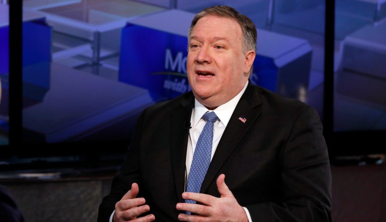 U.S. Secretary of State Mike Pompeo is interviewed by Maria Bartiromo during her "Mornings with Maria Bartiromo" program on the Fox Business Network, in New York Thursday, Feb. 21, 2019. 