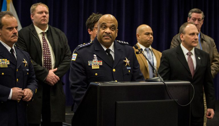 Chicago Police Supt. Eddie Johnson speaks during a press conference at CPD headquarters, Thursday, Feb. 21, 2019, in Chicago, after actor Jussie Smollett turned himself in on charges of disorderly conduct and filing a false police report.