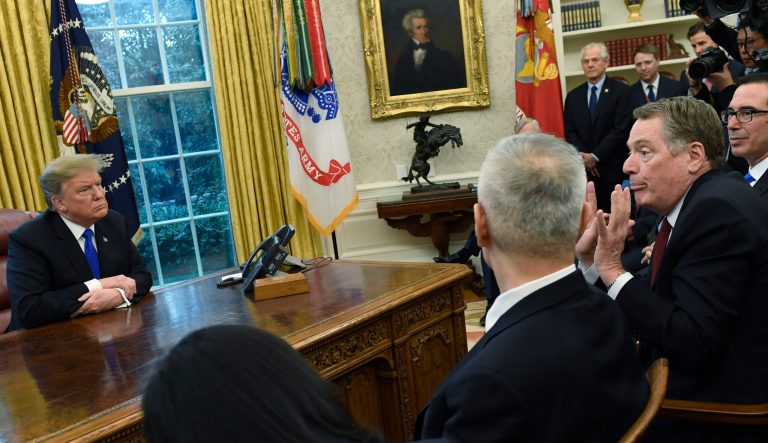 President Donald Trump, left, listens as U.S. Trade Representative Robert Lighthizer, second from right, talks with Chinese Vice Premier Liu He, second from left, during their meeting in the Oval Office of the White House in Washington, Friday, Feb. 22, 2019. 