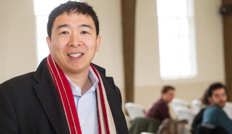 Andrew Yang, a candidate in the Democratic primaries for president, arrives at a town hall meeting sponsored by the Euclid chapter of the NAACP at Christ Lutheran Church in Cleveland, Sunday, Feb. 24, 2019.