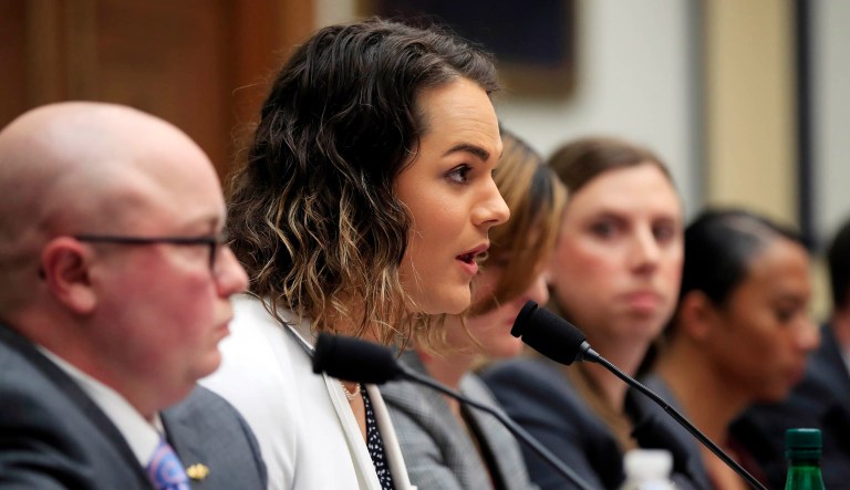 Army Capt. Alivia Stehlik, second from left, together with other transgender military members, from left, Navy Lt. Cmdr. Blake Dremann, Army Capt. Jennifer Peace, Army SSgt. Patricia King, and Navy Petty Officer Third Class Akira Wyatt, testify about their service before a House Armed Services Subcommittee on Military Personnel hearing .