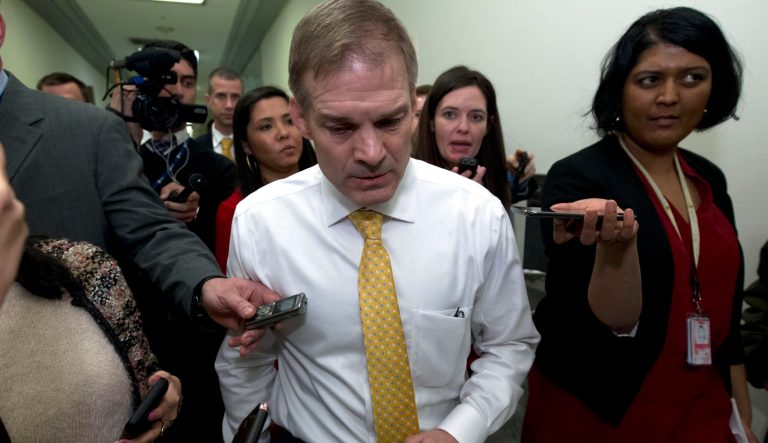 House Oversight and Reform Committee ranking member Rep. Jim Jordan, R-Ohio, speaks to the media after the hearing of President Donald Trump's former lawyer Michael Cohen, before the House Oversight and Reform Committee, on Capitol Hill, Wednesday, Feb. 27, 2019, in Washington. 