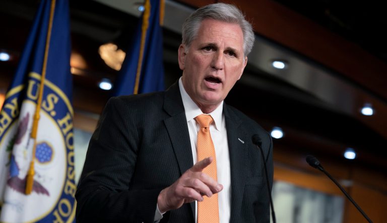 House Minority Leader Kevin McCarthy, R-Calif., meets with reporters after the Democratic-controlled House approved a measure requiring federal background checks for all firearms sales and transfers, the first major gun control legislation considered by Congress in nearly 25 years, on Capitol Hill in Washington, Thursday, Feb. 28, 2019. 