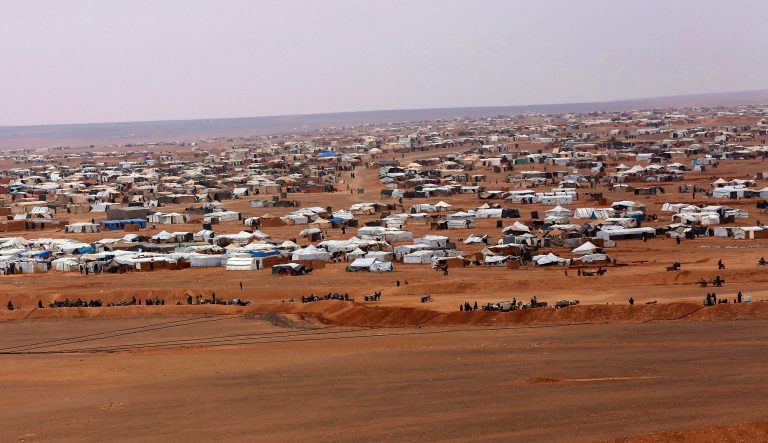 This picture taken Tuesday, Feb. 14, 2017, shows an aerial view of the informal Rukban camp, between the Jordan and Syria borders. The U.S. military said Monday, April, 8, 2019 that it is not preventing Syrians from leaving the remote Rukban camp near an American base in Syria and is urging Russia and Damascus to help facilitate the delivery of humanitarian aid. Russia has recently called for the camp to be dismantled and accused the U.S. of hindering such efforts. 