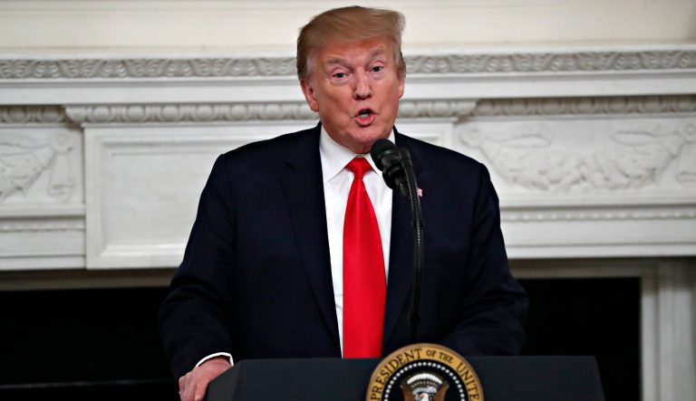 President Donald Trump speaks to the National Association of Attorneys General, Monday, March 4, 2019, in the State Dining Room of the White House in Washington. 