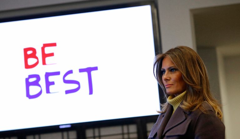 First lady Melania Trump views a demonstration at Microsoft's headquarters in Redmond, Wash., Monday, March 4, 2019, during a two-day, three-state swing to promote her Be Best campaign. 