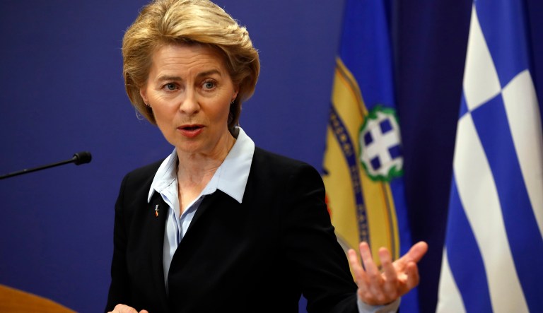 German Minister of Defense Ursula von der Leyen makes statements with her Greek counterpart Evangelos Apostolakis during a press conference following their bilateral meeting in Athens, on Tuesday, March 5, 2019.