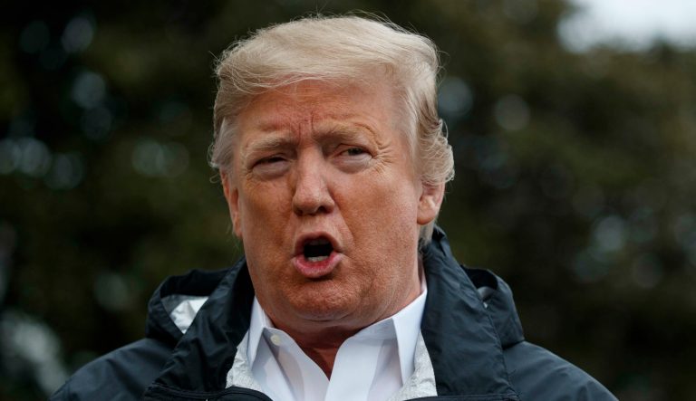 President Donald Trump talks with reporters outside the White House before traveling to Alabama to visit areas affected by the deadly tornadoes, Friday, March 8, 2019, in Washington. 