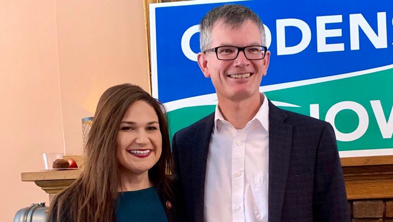 Rep. Abby Finkenauer, D-Iowa, poses with Eric Giddens, candidate for a special election for Iowa sate Senate, in Cedar Falls, Iowa.