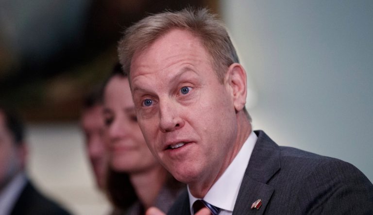 Acting Secretary of Defense Patrick Shanahan talks to media as he meets with and Qatari Minister of Defense Khalid bin Mohammed al-Attiyah, at the Pentagon, Tuesday, March 12, 2019. 