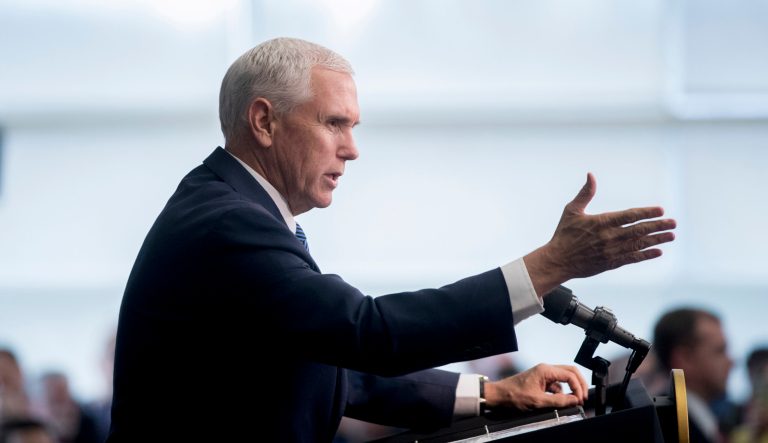Vice President Mike Pence speaks to Customs and Border Patrol agents and agents-in-training at the U.S. Customs and Border Protection Advanced Training Facility in Harpers Ferry, W.Va. Wednesday, March 13, 2019.