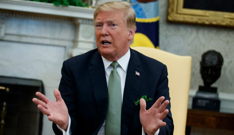 President Donald Trump speaks during a meeting with Irish Prime Minister Leo Varadkar in the Oval Office of the White House, Thursday, March 14, 2019, in Washington. 