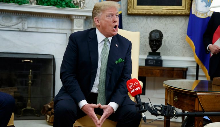 President Donald Trump speaks during a meeting with Irish Prime Minister Leo Varadkar in the Oval Office of the White House, Thursday, March 14, 2019, in Washington. 
