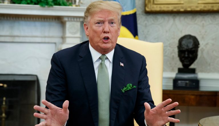 President Donald Trump speaks during a meeting with Irish Prime Minister Leo Varadkar in the Oval Office of the White House, Thursday, March 14, 2019, in Washington. 