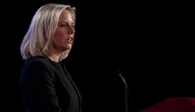Homeland Security Secretary Kirstjen Nielsen speaks at George Washington University's Jack Morton Auditorium in Washington, Monday, March 18, 2019.