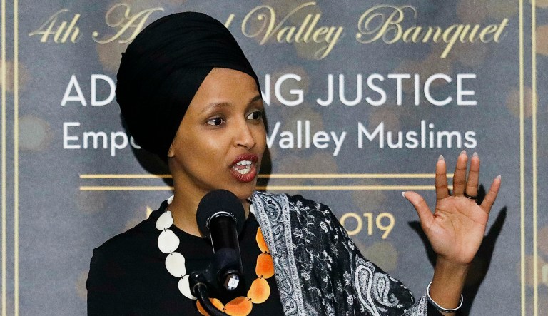 In this March 23, 2019 photo, Rep. Ilhan Omar, D-Minn., speaks at a dinner banquet, part of a fundraising event for the Council of American-Islamic Relations of Greater Los Angeles at the Hilton hotel in Woodland Hills, Calif. 
