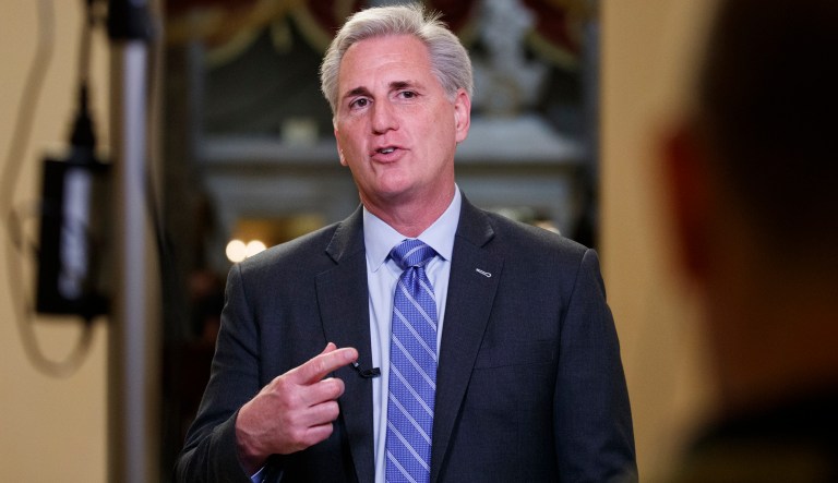 House Minority Leader Kevin McCarthy of Calif., speaks before the start of a television interview on Capitol Hill in Washington, Monday, March 25, 2019.