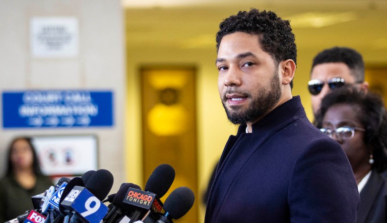 Actor Jussie Smollett speaks at a press conference.