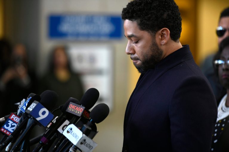 Actor Jussie Smollett talks to the media before leaving Cook County Court after his charges were dropped Tuesday, March 26, 2019, in Chicago.