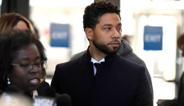 Actor Jussie Smollett looks on during a press conference before leaving Cook County Court after his charges were dropped Tuesday, March 26, 2019, in Chicago.