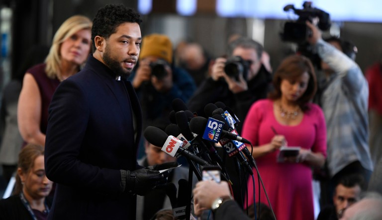 Actor Jussie Smollett talks to the media before leaving Cook County Court after his charges were dropped Tuesday, March 26, 2019, in Chicago.