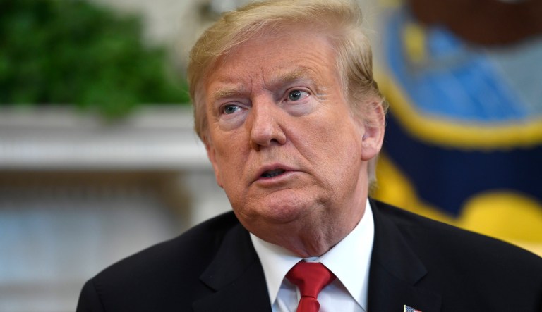 President Donald Trump speaks during a meeting with Fabiana Rosales, a Venezuelan activist who is the wife of Venezuelan opposition leader Juan Guaido, in the Oval Office of the White House in Washington, Wednesday, March 27, 2019.